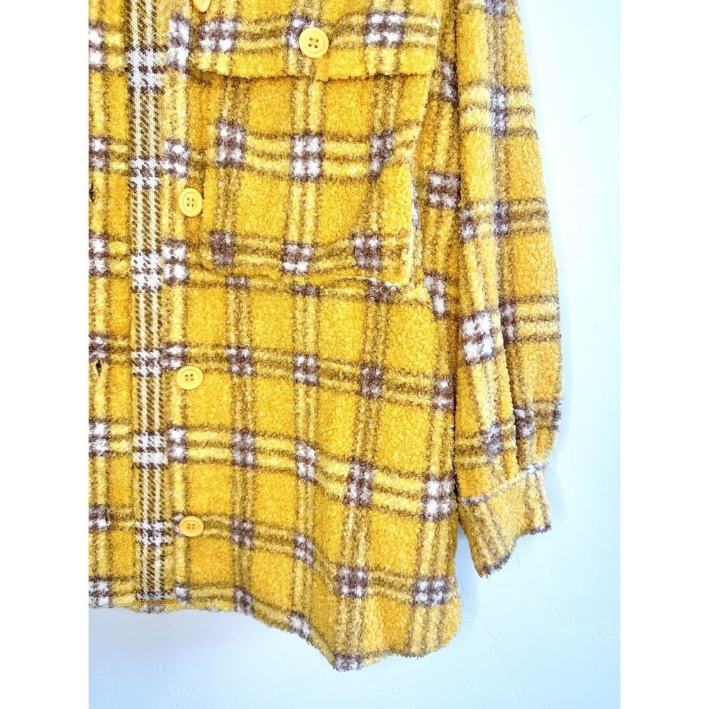 En Crème Women's Small Sherpa Shacket Jacket Plaid Oversized Mustard Streetwear - Picture 8 of 11